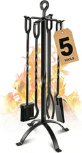 Gtongoko 35 Inch Fireplace Tools Set 5 Pcs Black Wrought Solid Iron Large Fire Tool Set for Outdoor/Indoor Include Chimney Poker, Rustic Tongs, Shovel, Antique Brush and Stand Accessories Set