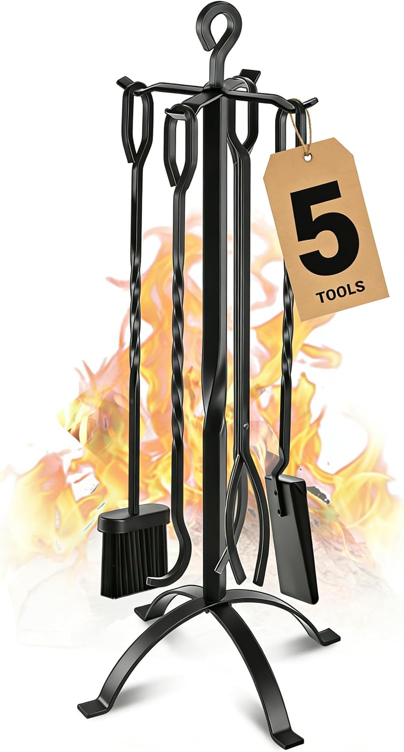 Gtongoko 35 Inch Fireplace Tools Set 5 Pcs Black Wrought Solid Iron Large Fire Tool Set for Outdoor/Indoor Include Chimney Poker, Rustic Tongs, Shovel, Antique Brush and Stand Accessories Set
