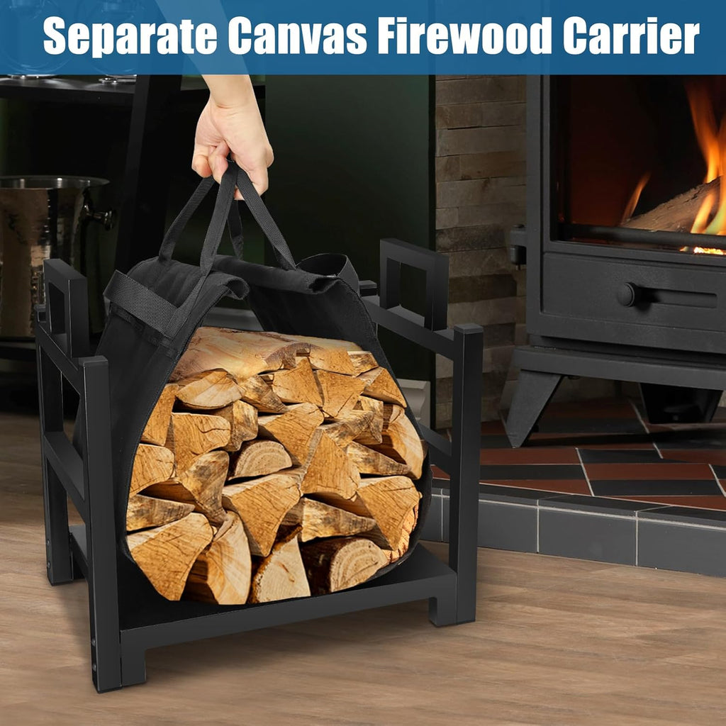 MOFEEZ Firewood Rack Log Holder Indoor with Wood Carrier, Powder-coated Steel Made, Up-loaded to 110lb, 18inch(L) x 13inch(W) x 17inch(H)