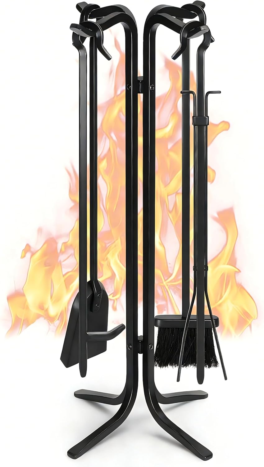 FEED GARDEN Fireplace Tools Set 5 Pieces, 30 Inch Modern Wrought Iron Outdoor Fireplace Accessories Set Long Holder Indoor with Poker, Tongs, Shovel, Brush, Base Black