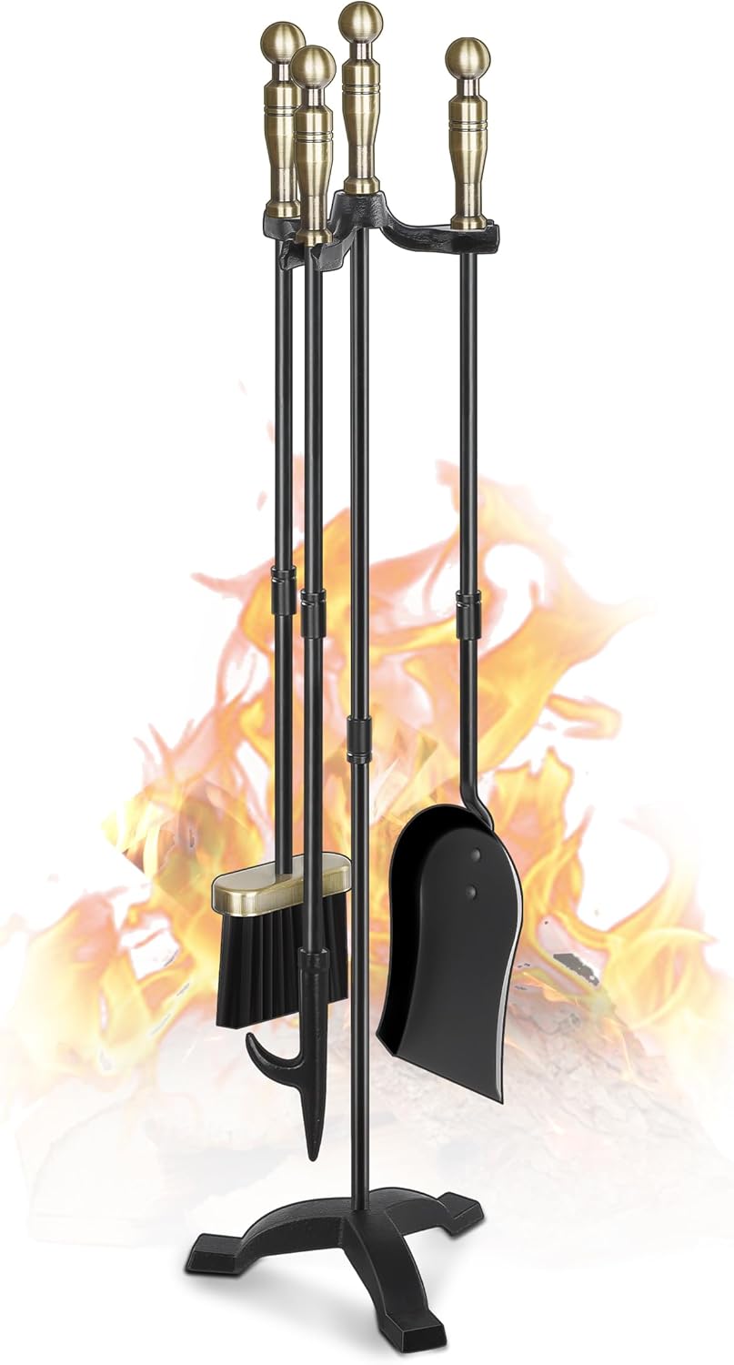 Gtongoko Fireplace Tools Set 4 Pcs 30 Inch Black Wrought Iron Large Fire Tool Set for Outdoor/Indoor Include Chimney Poker, Antique Shovel, Rustic Brush and Stand Accessories Set