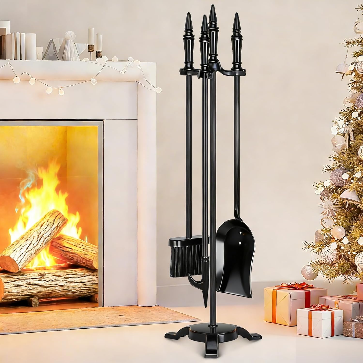 FEED GARDEN Fireplace Tools Set 5 Pieces, 30 Inch Modern Wrought Iron Outdoor Fireplace Accessories Set Long Holder Indoor with Poker, Tongs, Shovel, Brush, Base Black