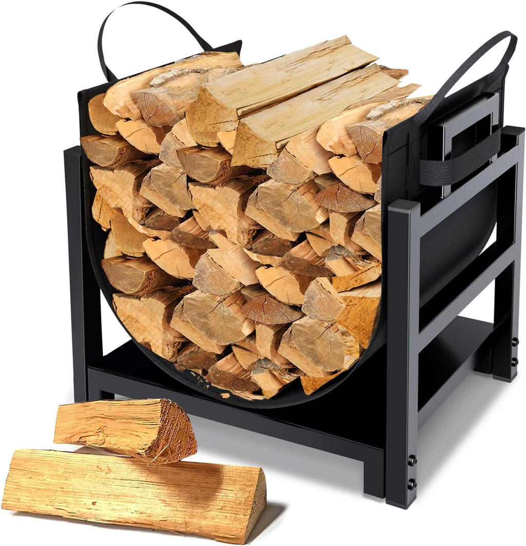 MOFEEZ Firewood Rack Log Holder Indoor with Wood Carrier, Powder-coated Steel Made, Up-loaded to 110lb, 18inch(L) x 13inch(W) x 17inch(H)