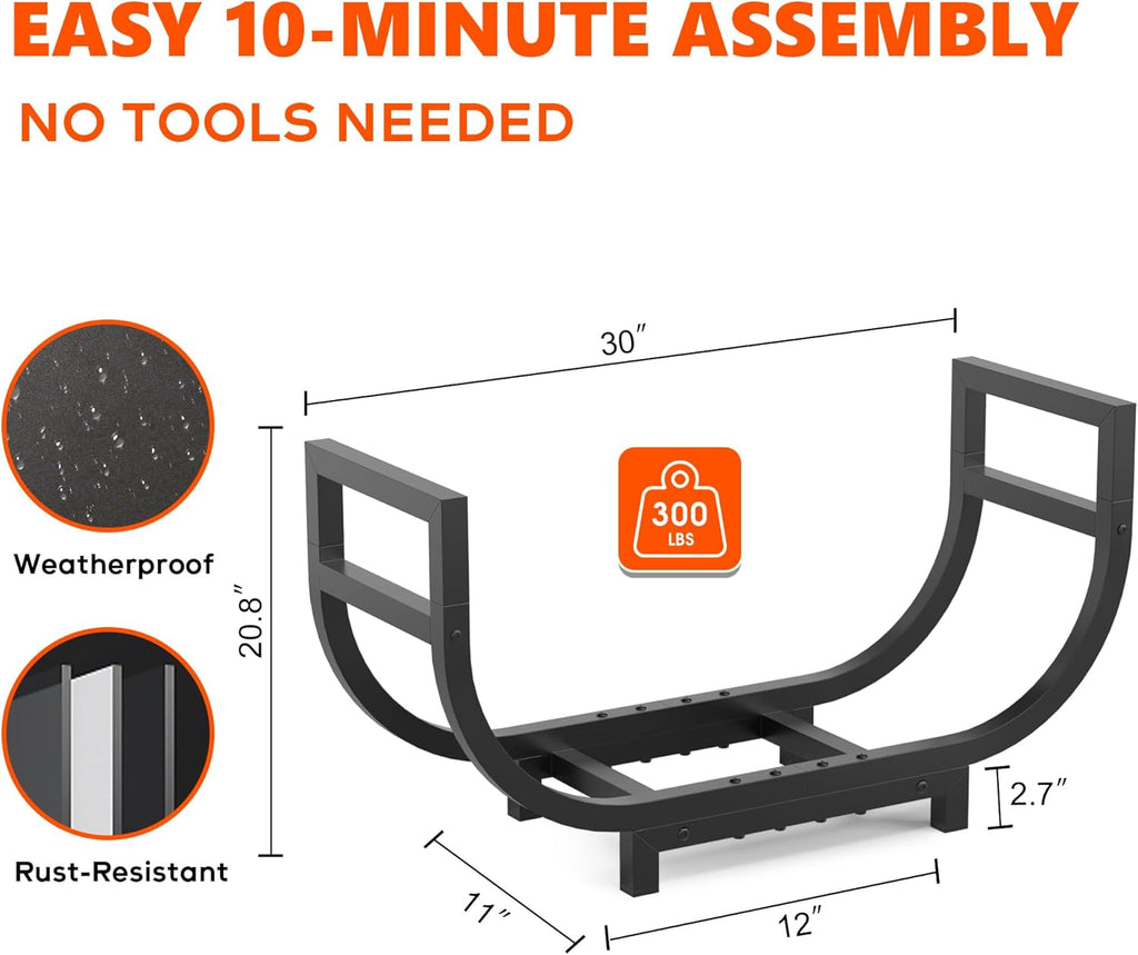 30-inch Firewood Rack Outdoor Indoor with Log Carrier Bag, Stable Log Holder Rustproof Metal Wood Rack for Fireplace Patio Deck Firepit, Heavy Duty Firewood Storage Organizer Tool, Black