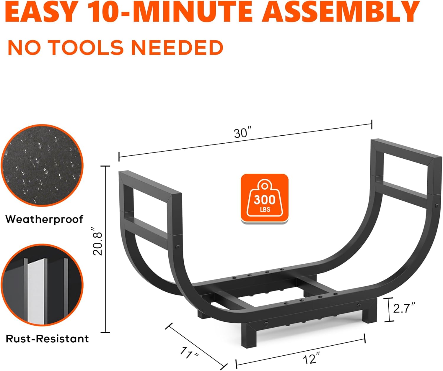 30-inch Firewood Rack Outdoor Indoor with Log Carrier Bag, Stable Log Holder Rustproof Metal Wood Rack for Fireplace Patio Deck Firepit, Heavy Duty Firewood Storage Organizer Tool, Black