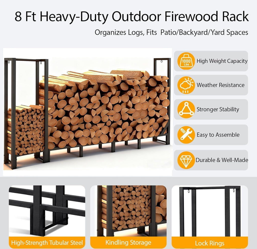 8ft Large Firewood Rack Outdoor, Heavy Duty Metal Wood Rack with Kindling Storage - For Indoor & Outdoor Fireplace, Wood Pile Organizer,Black