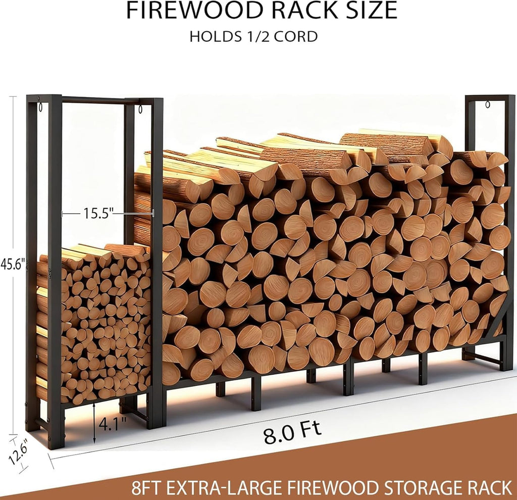 8ft Large Firewood Rack Outdoor, Heavy Duty Metal Wood Rack with Kindling Storage - For Indoor & Outdoor Fireplace, Wood Pile Organizer,Black