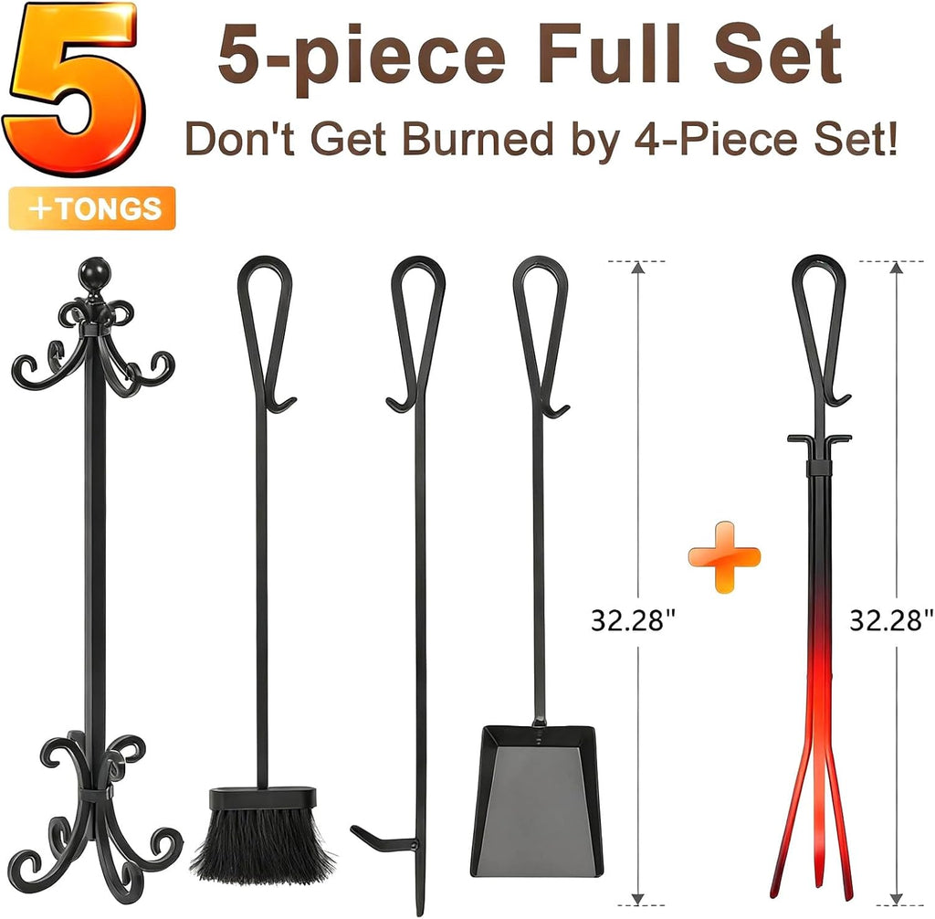 AMAGABELI GARDEN & HOME 5 Pieces Fireplace Tools Set Heavy Duty Black Cast Wrought Iron Tool Set with Log Holder Fire Set Stand Scroll Rustic Antique Accessories Set