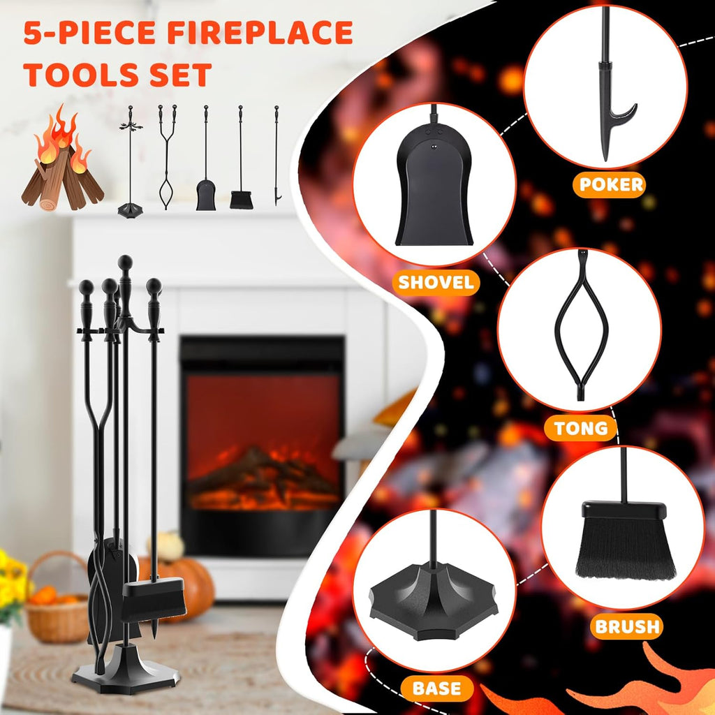 5 Pieces 31In Fireplace Tools Set, Wrought Iron Fireplace Tools with Ergonomic Handle, Fireplace Accessories Set Included Tong, Shovel, Base, Poker and Brush for Indoor & Outdoor (Black)