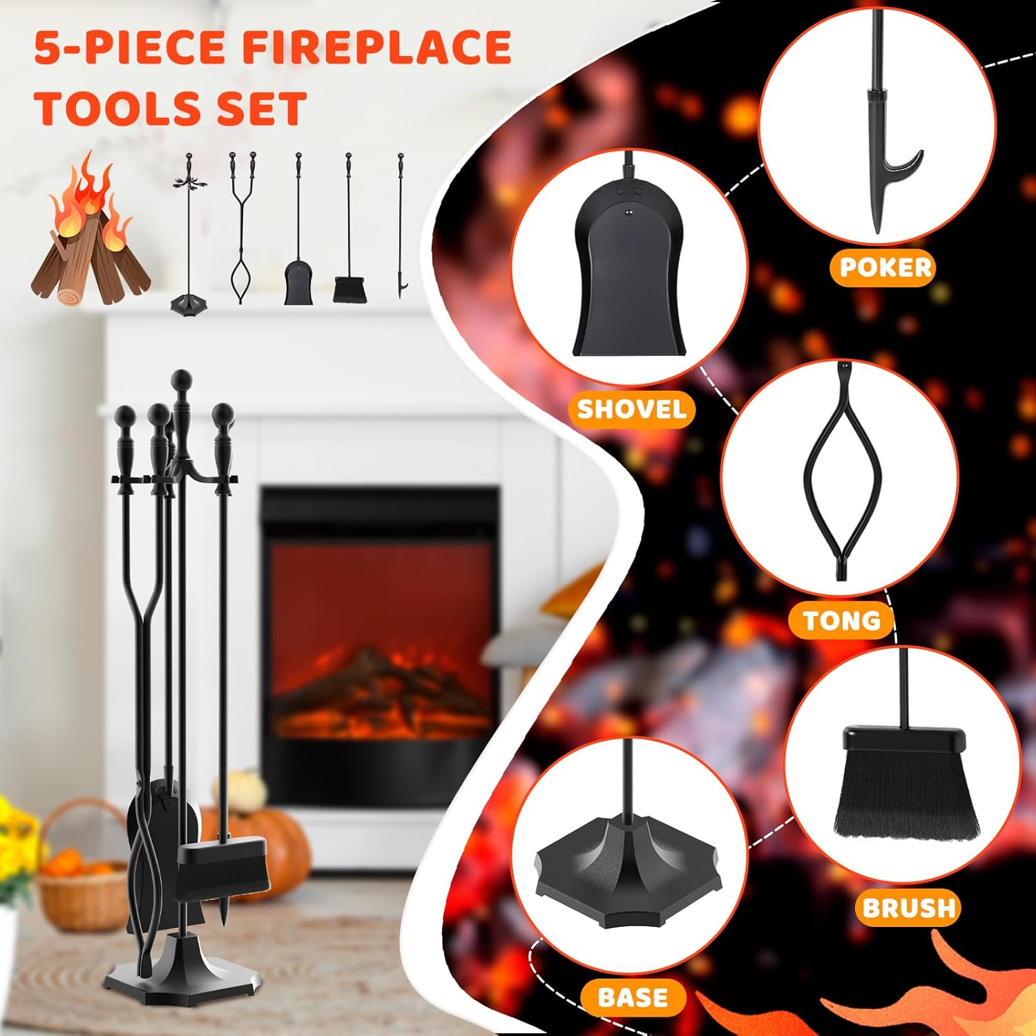 5 Pieces 31In Fireplace Tools Set, Wrought Iron Fireplace Tools with Ergonomic Handle, Fireplace Accessories Set Included Tong, Shovel, Base, Poker and Brush for Indoor & Outdoor (Black)