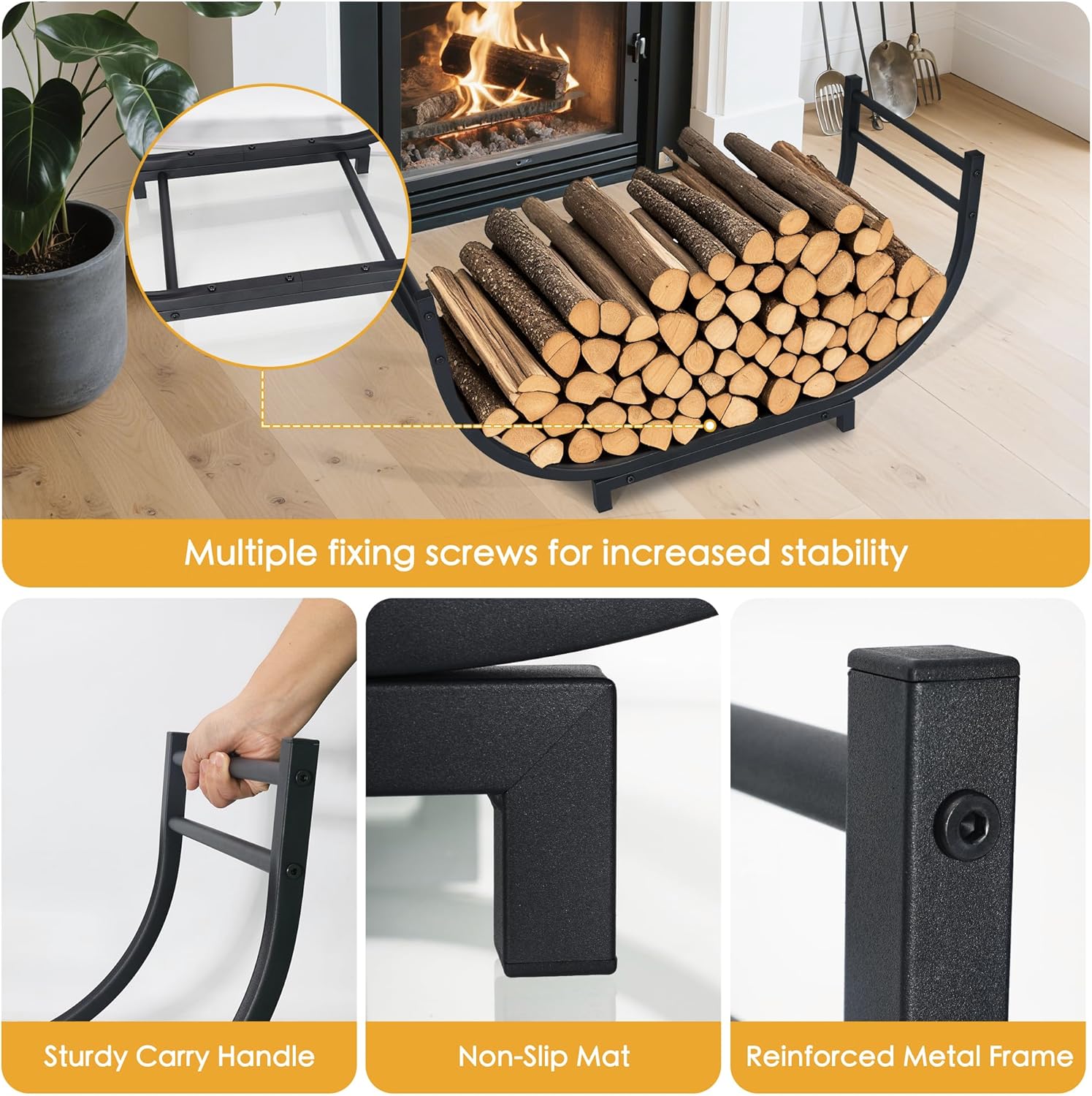 facka Curved Firewood Rack, 30 Inch Indoor Outdoor Log Firewood Holder, Metal Fireplace Wood Storage, Waterproof & Rustproof
