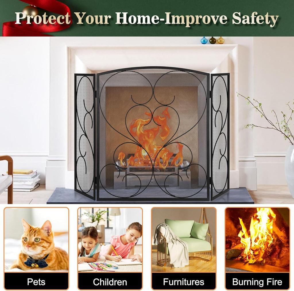 FEED GARDEN 3 Panel Fireplace Screen Wrought Iron 48" W x 29" H Foldable Heavy Duty Fire Spark Guard Cover with Metal Decorative Mesh for Living Room, Home Decor Indoor, Black