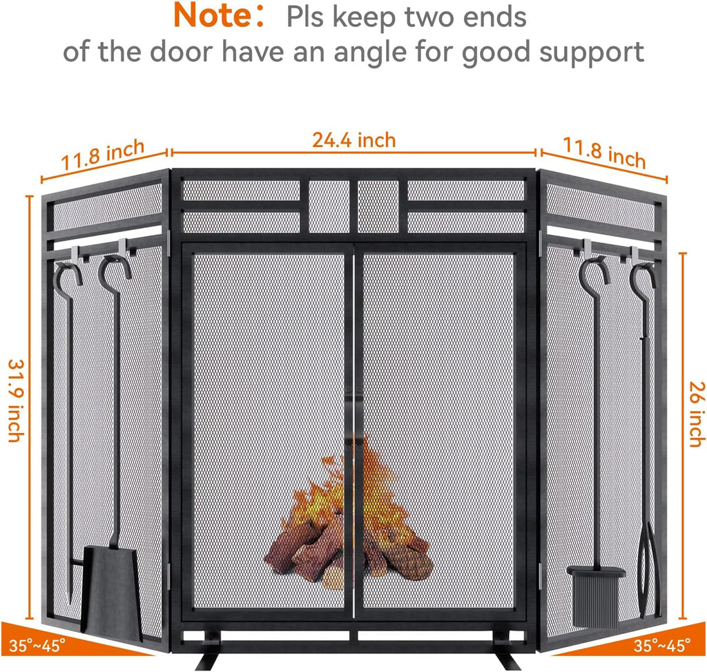 Fireplace Screen with Doors and Tools Set,3 Panel Foldable Metal Fireplace Guard,Wrought Iron Fireplace Mesh Screen Stand Tall 32″ Wide 48″,Fireplace Safety Gate with Tool,Tongs,Poker,Black