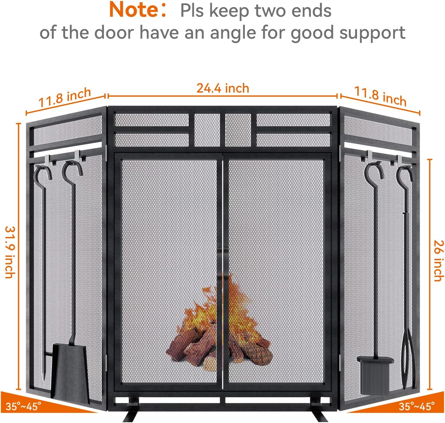 Fireplace Screen with Doors and Tools Set,3 Panel Foldable Metal Fireplace Guard,Wrought Iron Fireplace Mesh Screen Stand Tall 32″ Wide 48″,Fireplace Safety Gate with Tool,Tongs,Poker,Black