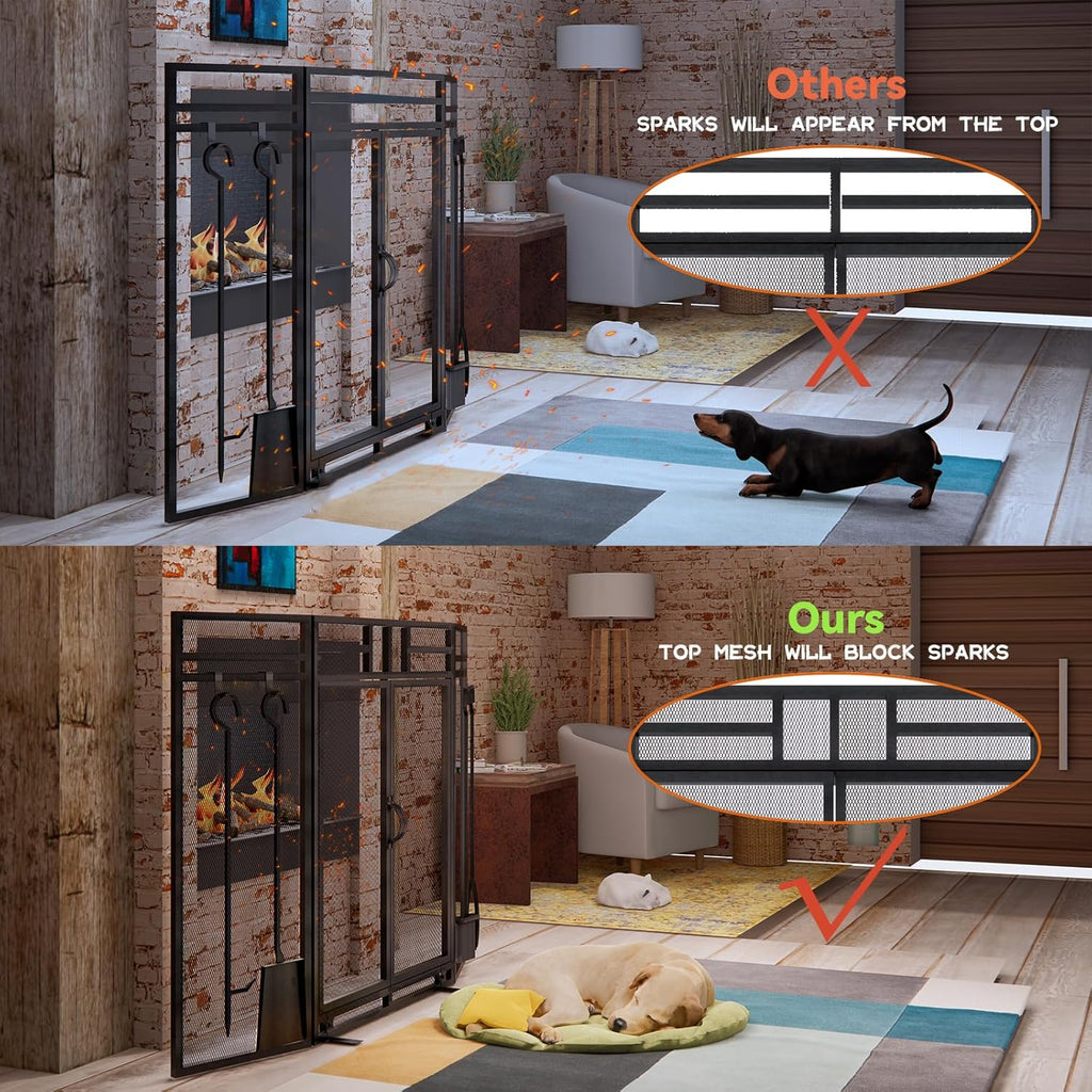 Fireplace Screen with Doors and Tools Set,3 Panel Foldable Metal Fireplace Guard,Wrought Iron Fireplace Mesh Screen Stand Tall 32″ Wide 48″,Fireplace Safety Gate with Tool,Tongs,Poker,Black