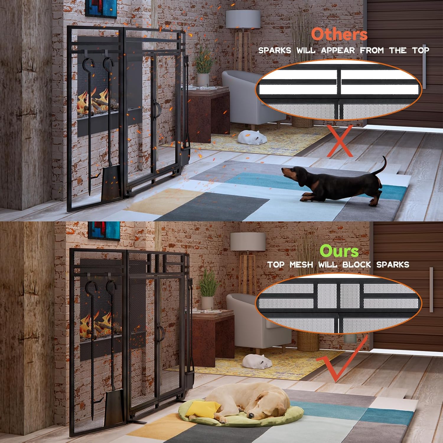 Fireplace Screen with Doors and Tools Set,3 Panel Foldable Metal Fireplace Guard,Wrought Iron Fireplace Mesh Screen Stand Tall 32″ Wide 48″,Fireplace Safety Gate with Tool,Tongs,Poker,Black