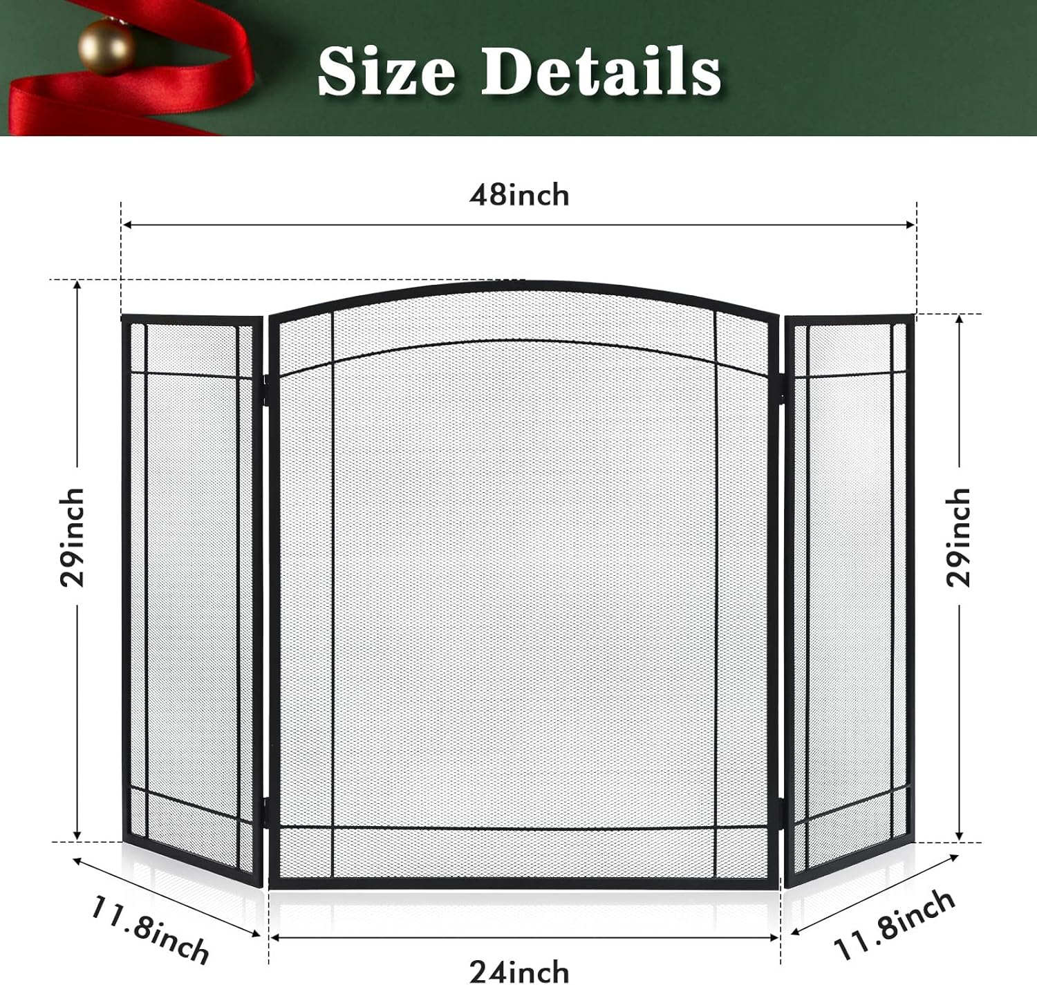 FEED GARDEN 3 Panel Fireplace Screen 48" W x 29" H Modern Foldable with Wrought Metal Decorative Mesh,Arch Heavy Duty Fire Spark Guard Cover for Home Decor Indoor, Black