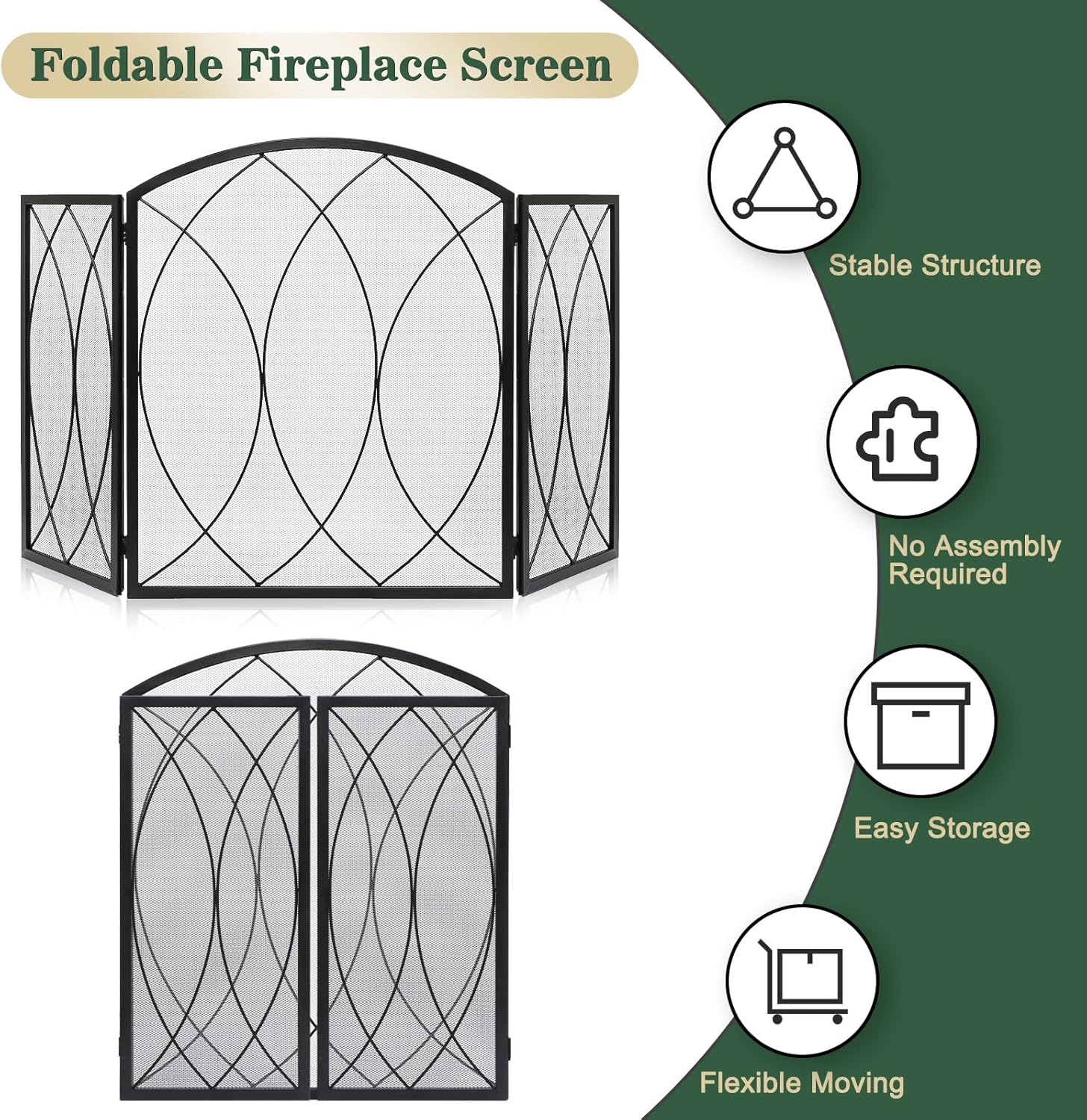 FEED GARDEN 3 Panel Fireplace Screen 48" W x 29.5" H Modern Foldable with Wrought Metal Decorative Mesh,Arch Heavy Duty Fire Spark Guard Cover for Home Decor Indoor, Black