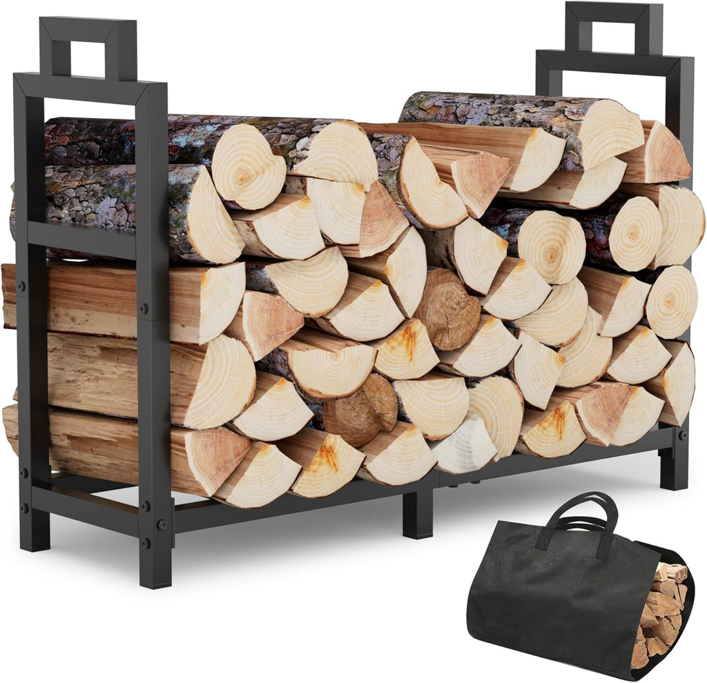 30 Inch Firewood Rack Outdoor Indoor with Handle and Log Carrier Bag, Stable Metal Wood Rack Heavy Duty Log Holder for Fireplace Patio Deck, Rustproof Firewood Storage Organizer Tool, Black
