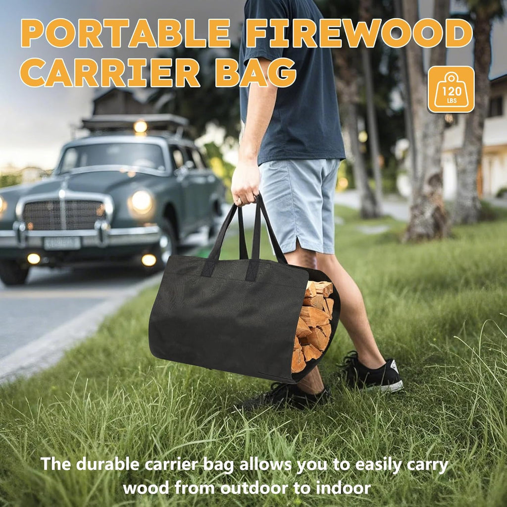 30 Inch Firewood Rack Outdoor Indoor with Handle and Log Carrier Bag, Stable Metal Wood Rack Heavy Duty Log Holder for Fireplace Patio Deck, Rustproof Firewood Storage Organizer Tool, Black