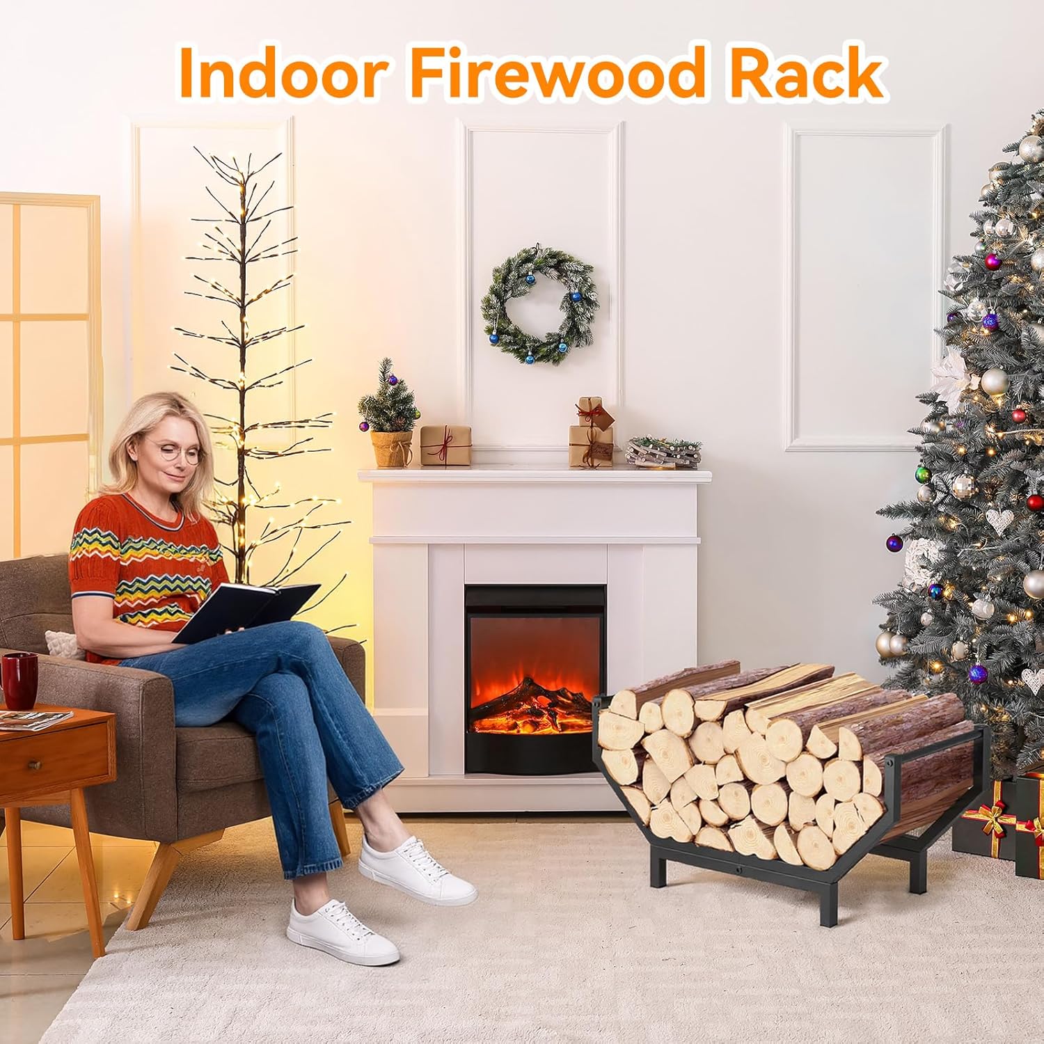 Indoor Outdoor Firewood Rack,Rustproof Metal Fireplace Wood Rack,Curved Lagre-Capacity Firewood holder,Heavy Duty Log Rack,Black