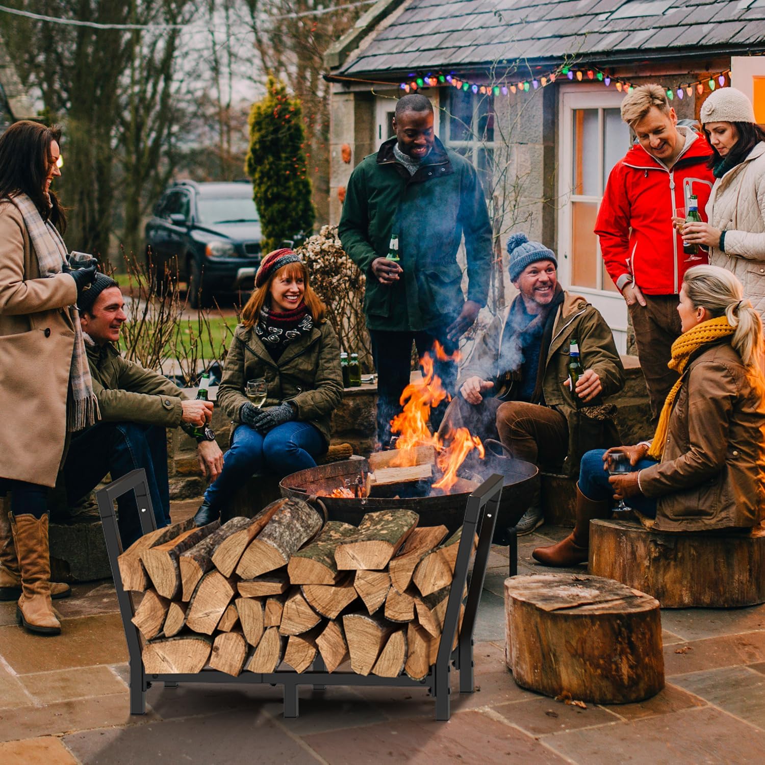 Minicloss 34 Inch Firewood Rack Outdoor Indoor, 2.7ft Wood Storage Rack Stand, Heavy Duty Fire Wood Holder for Fireplace（Black）