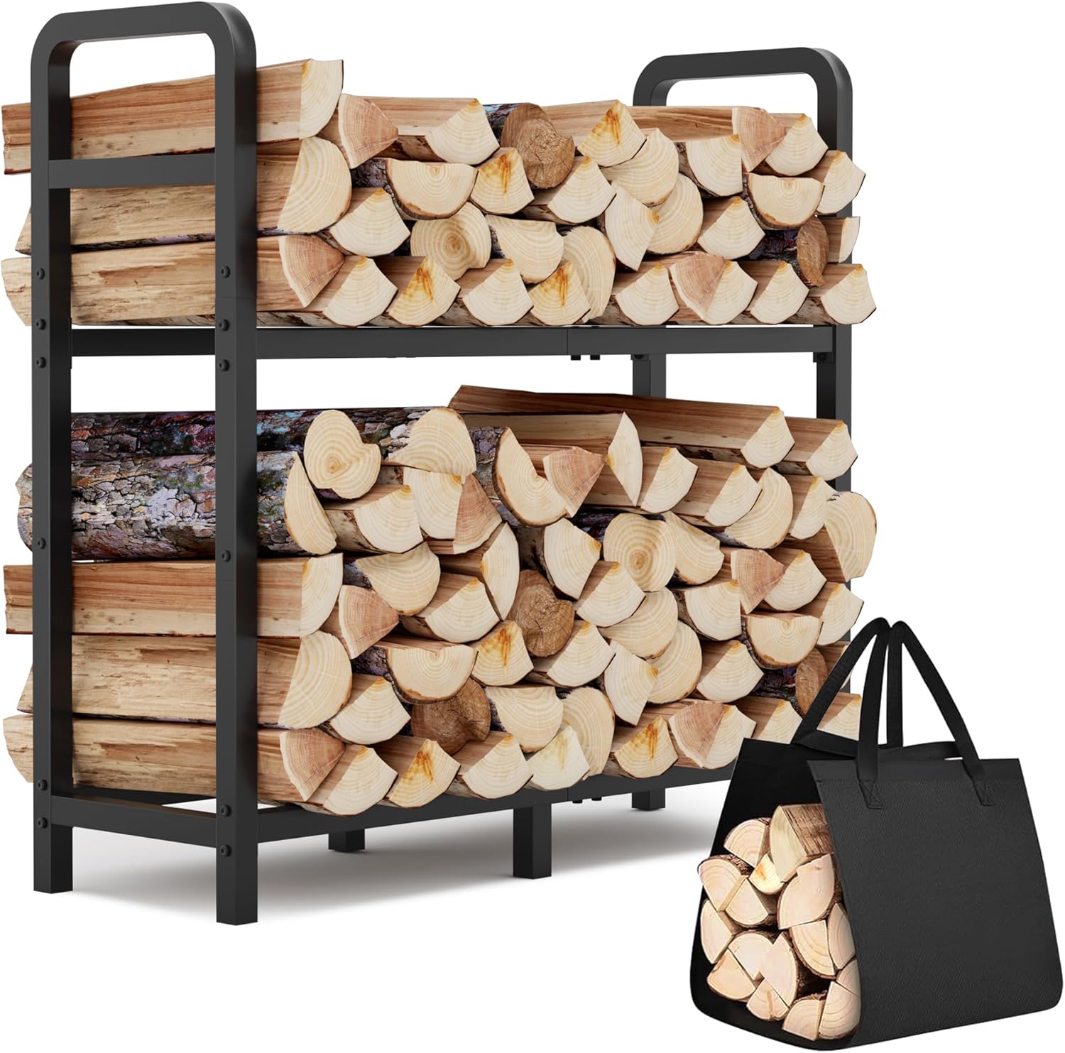 30-inch Firewood Rack Outdoor Indoor with Log Carrier Bag, Stable Log Holder Rustproof Metal Wood Rack for Fireplace Patio Deck Firepit, Heavy Duty Firewood Storage Organizer Tool, Black