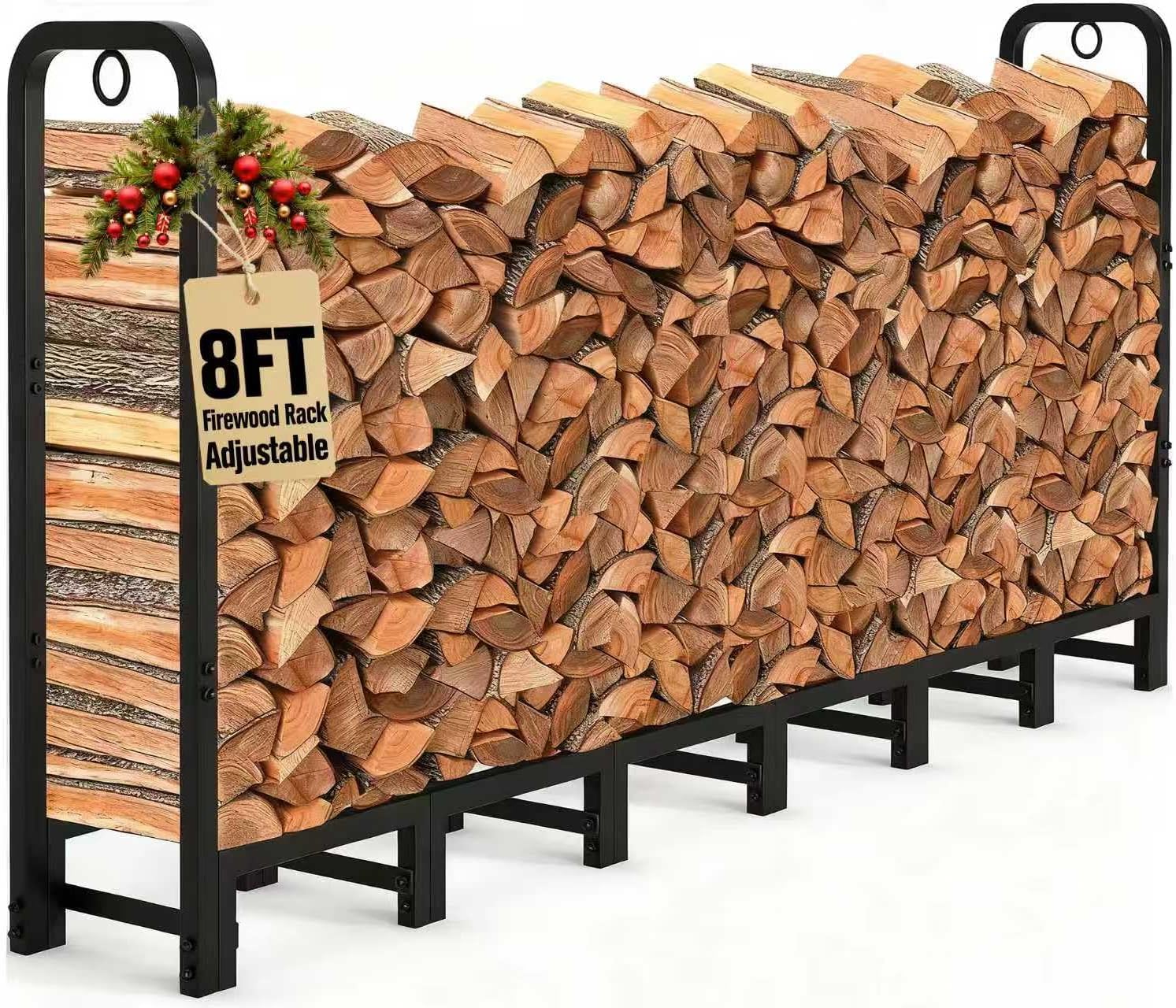 Amagabeli 8ft Firewood Log Rack Outdoor Heavy Duty Logs Holder for Fireplace Indoor Outdoor Adjustable Wood Racks for Fire Wood Holder Metal Pile Stand Storage Stacker Organizer Black