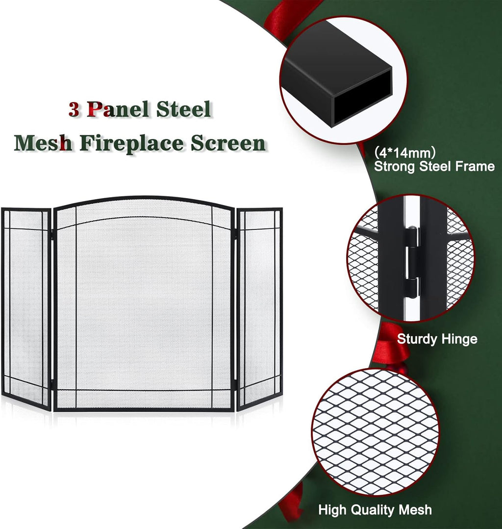 FEED GARDEN 3 Panel Fireplace Screen 48" W x 29" H Modern Foldable with Wrought Metal Decorative Mesh,Arch Heavy Duty Fire Spark Guard Cover for Home Decor Indoor, Black