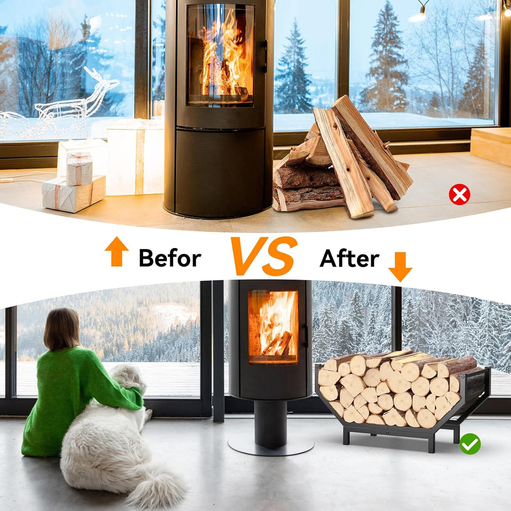 Indoor Outdoor Firewood Rack,Rustproof Metal Fireplace Wood Rack,Curved Lagre-Capacity Firewood holder,Heavy Duty Log Rack,Black