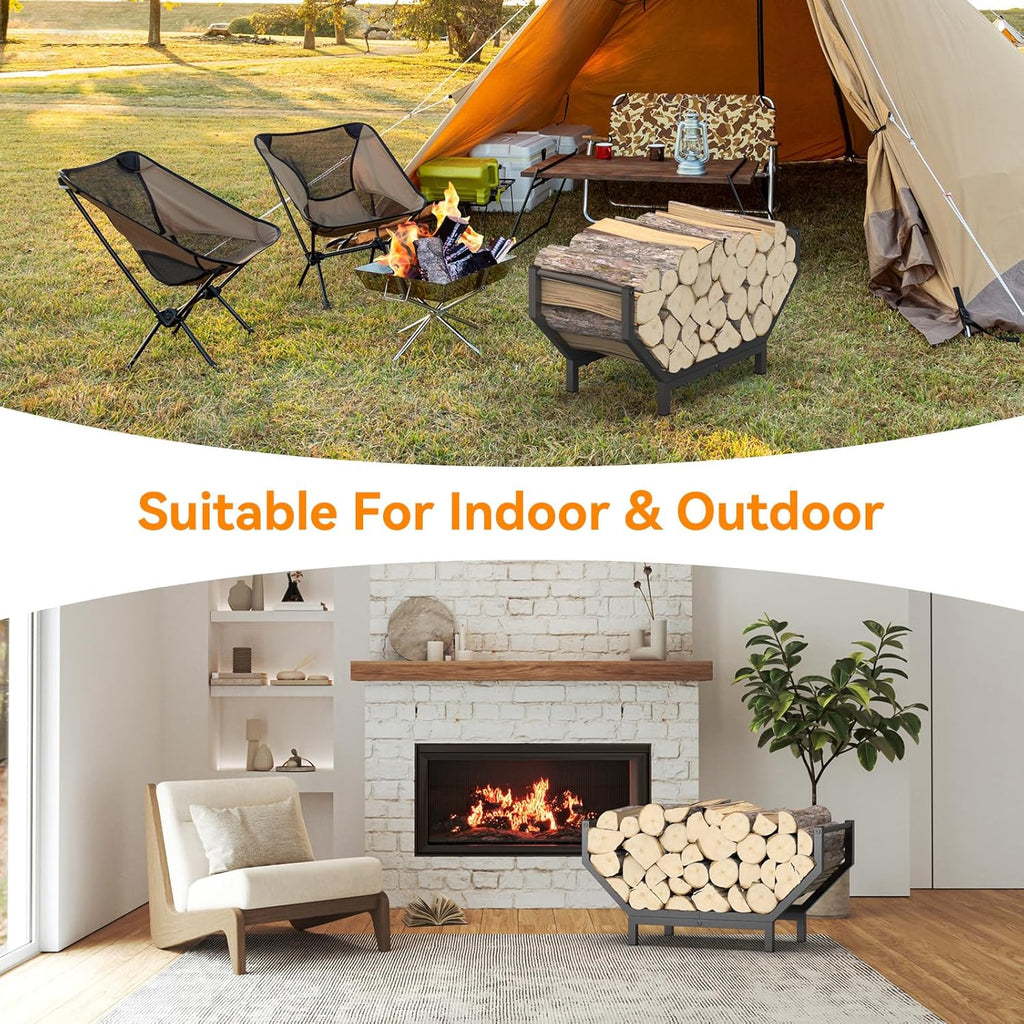 Indoor Outdoor Firewood Rack,Rustproof Metal Fireplace Wood Rack,Curved Lagre-Capacity Firewood holder,Heavy Duty Log Rack,Black