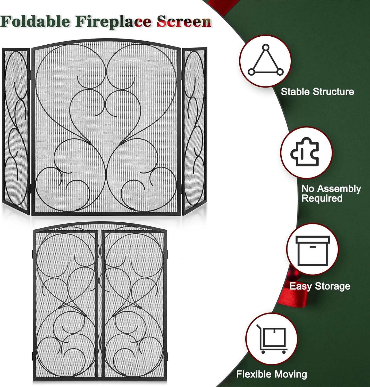 FEED GARDEN 3 Panel Fireplace Screen Wrought Iron 48" W x 29" H Foldable Heavy Duty Fire Spark Guard Cover with Metal Decorative Mesh for Living Room, Home Decor Indoor, Black