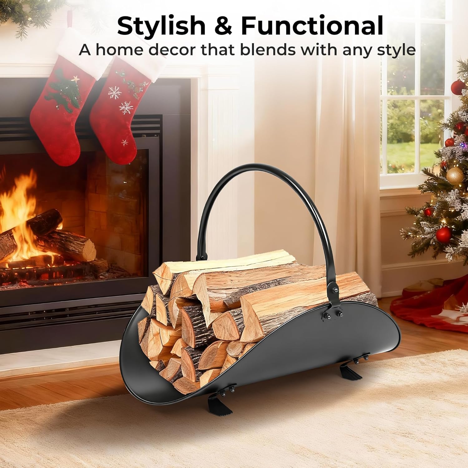 AMAGABELI GARDEN & HOME Fireplace Log Holder Indoor Firewood Basket Holder Carrier Metal Wood Rack for Fire Wood Outdoor Storage Organizer