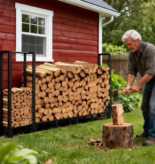 8ft Large Firewood Rack Outdoor, Heavy Duty Metal Wood Rack with Kindling Storage - For Indoor & Outdoor Fireplace, Wood Pile Organizer,Black