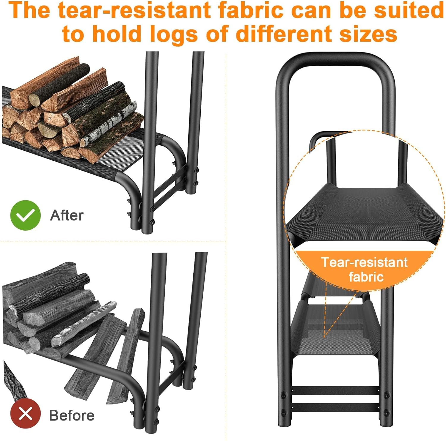 Mr IRONSTONE 8FT Firewood Rack Outdoor with Fabric Mesh for Storing Logs of Various Size, Heavy Duty Fire Wood Racks Holds Up to 4000LBS, Fireplace Log Holder Wood Pile Storage Stacker Organizer