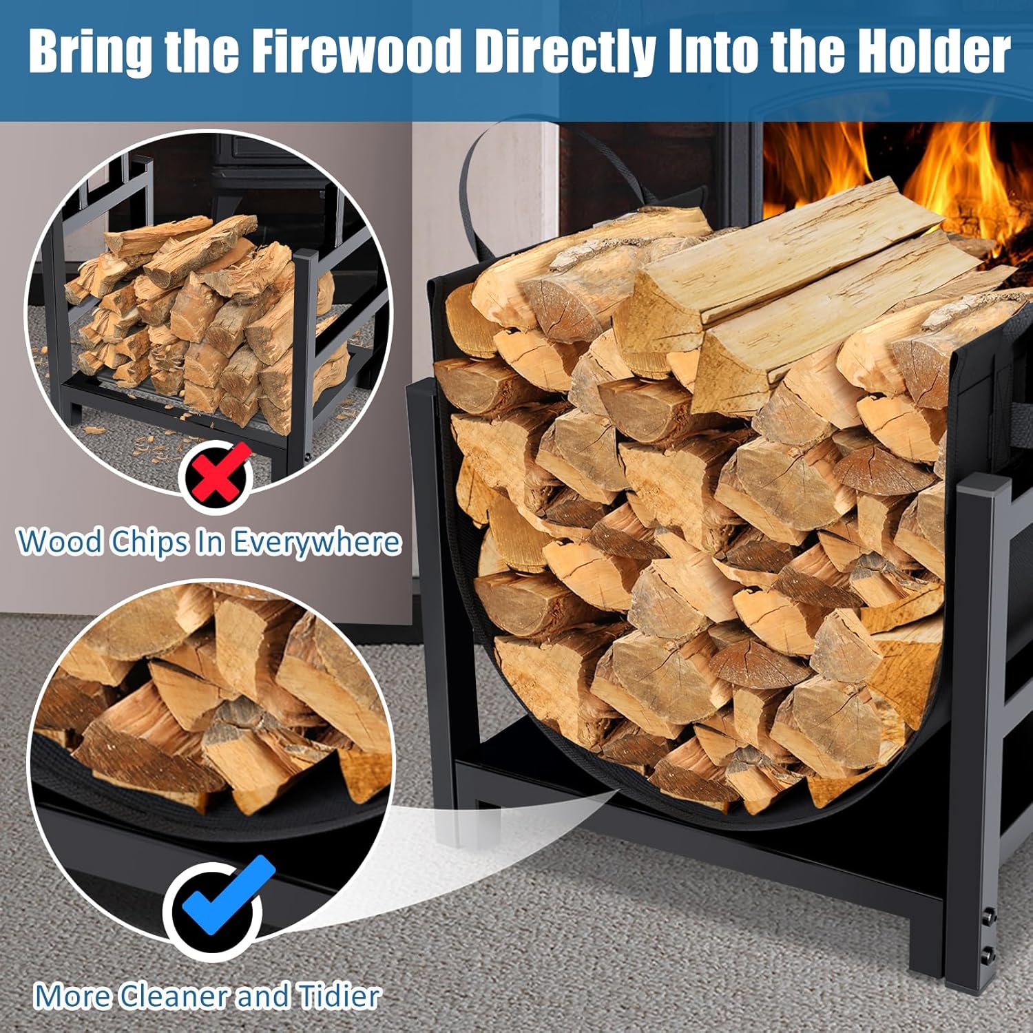 MOFEEZ Firewood Rack Log Holder Indoor with Wood Carrier, Powder-coated Steel Made, Up-loaded to 110lb, 18inch(L) x 13inch(W) x 17inch(H)