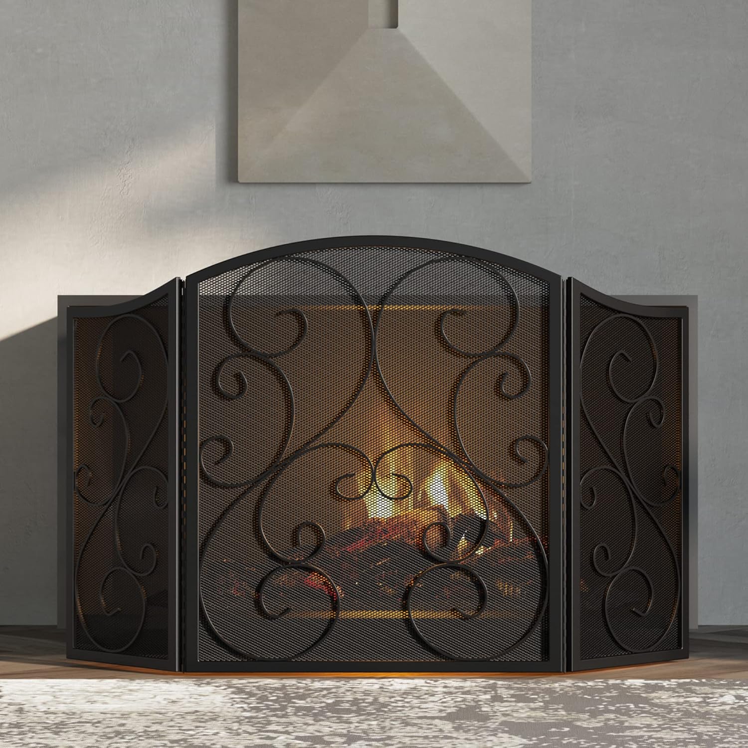 Fire Beauty Fireplace Screen 3 Panel Wrought Iron Metal 48"(L) x30(H) Spark Guard Cover(Black)