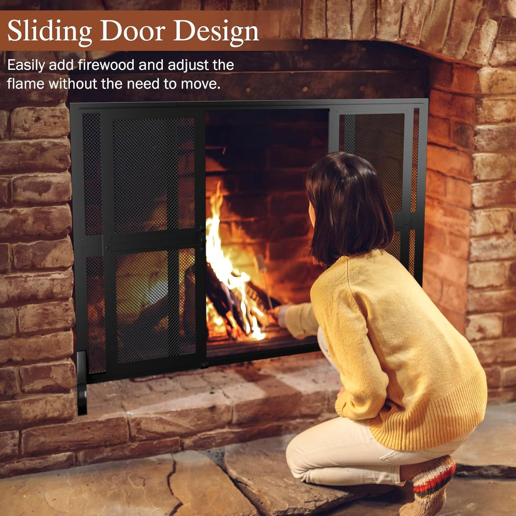 Fireplace Screen with Sliding Doors, 37.8" W x 30.7" H Handcrafted Wrought Iron Fire Spark Guard Fire Place Gate Protector for Living Room, Children and Pet Safety(Large)
