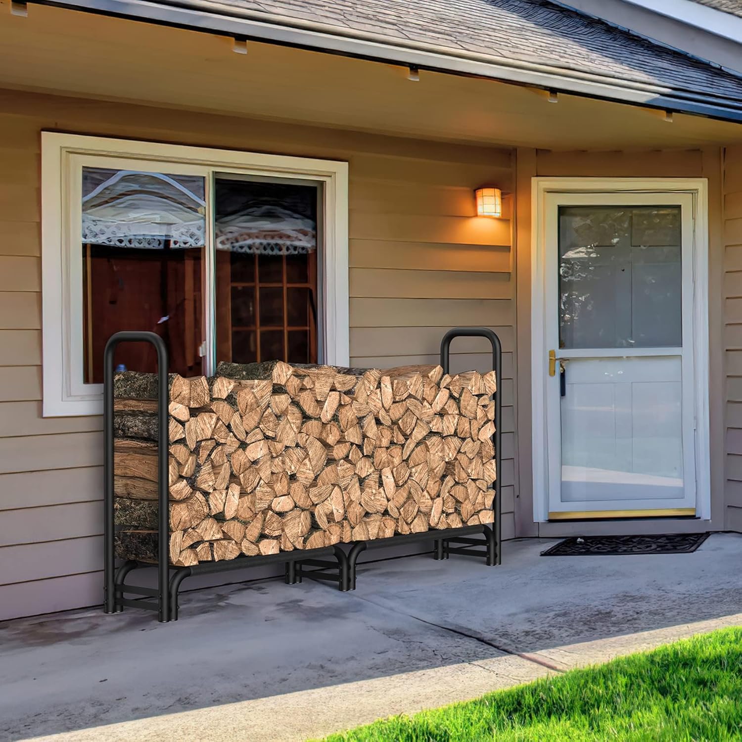 Mr IRONSTONE 8FT Firewood Rack Outdoor with Fabric Mesh for Storing Logs of Various Size, Heavy Duty Fire Wood Racks Holds Up to 4000LBS, Fireplace Log Holder Wood Pile Storage Stacker Organizer