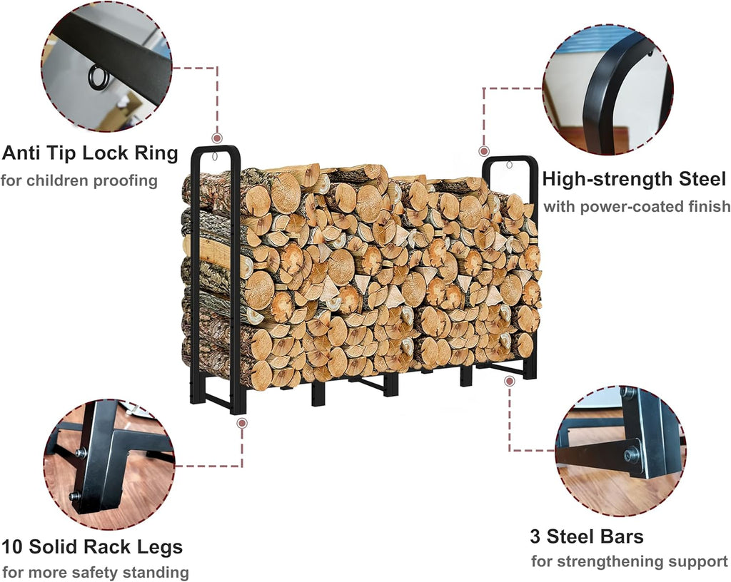 Artibear Firewood Rack Outdoor 8ft Heavy Duty Logs Holder for Indoor Fireplace Metal Wood Pile Storage Stacker Organizer, Matte Black