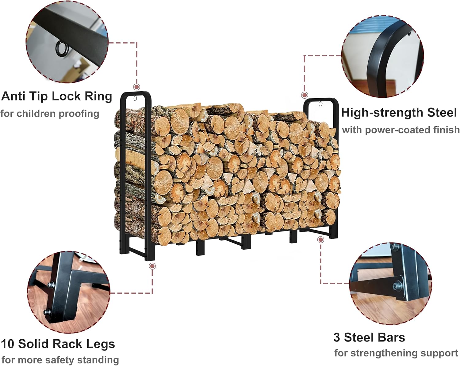 Artibear Firewood Rack Outdoor 8ft Heavy Duty Logs Holder for Indoor Fireplace Metal Wood Pile Storage Stacker Organizer, Matte Black