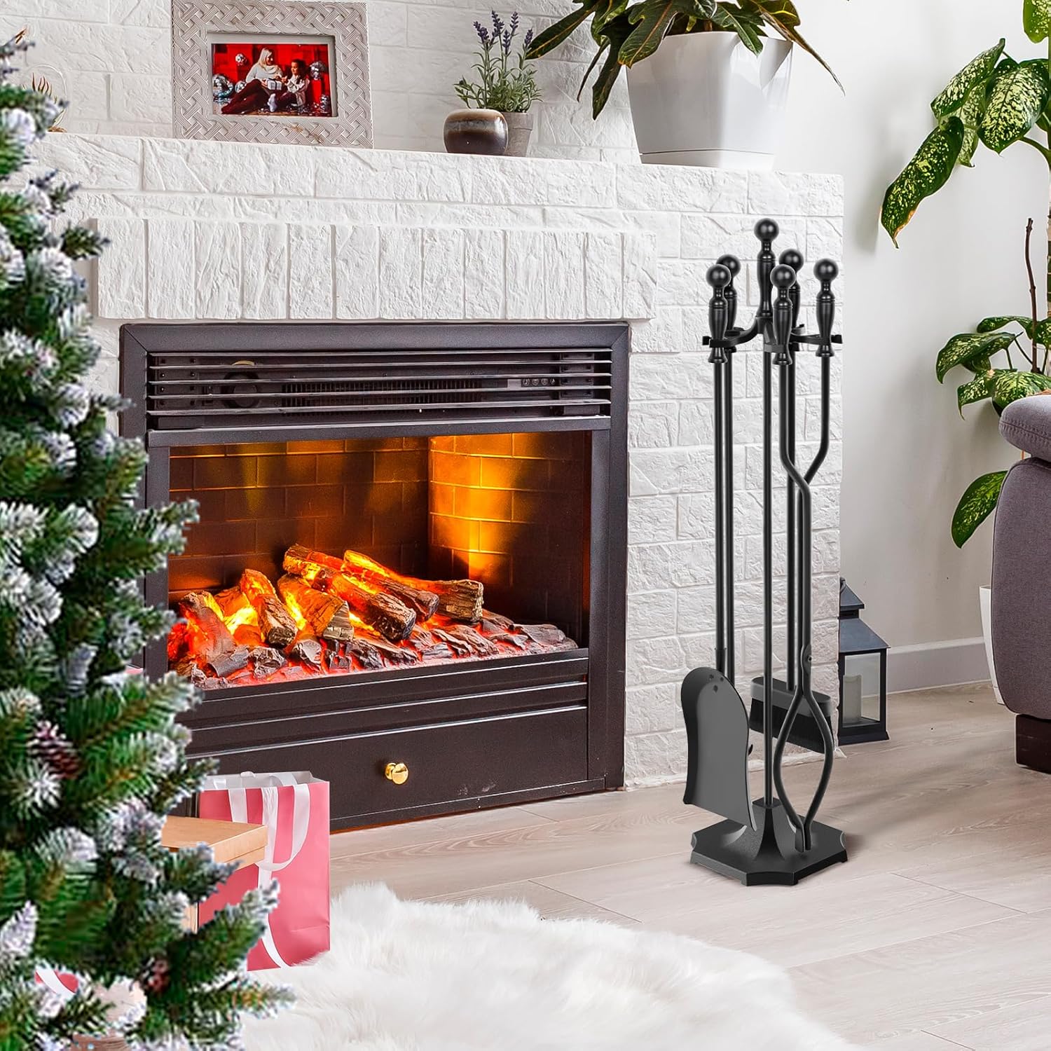 5 Pieces 31In Fireplace Tools Set, Wrought Iron Fireplace Tools with Ergonomic Handle, Fireplace Accessories Set Included Tong, Shovel, Base, Poker and Brush for Indoor & Outdoor (Black)