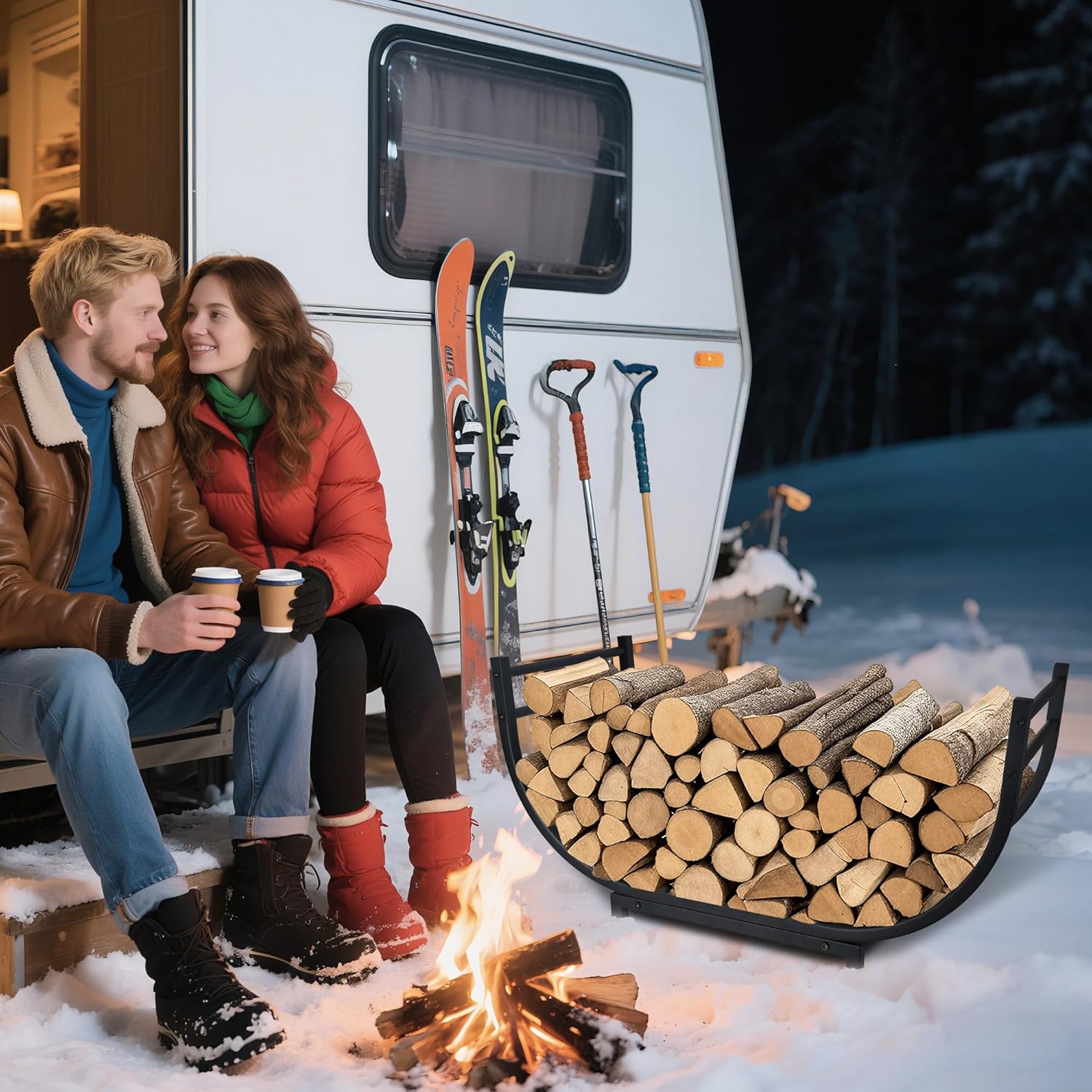 facka Curved Firewood Rack, 30 Inch Indoor Outdoor Log Firewood Holder, Metal Fireplace Wood Storage, Waterproof & Rustproof