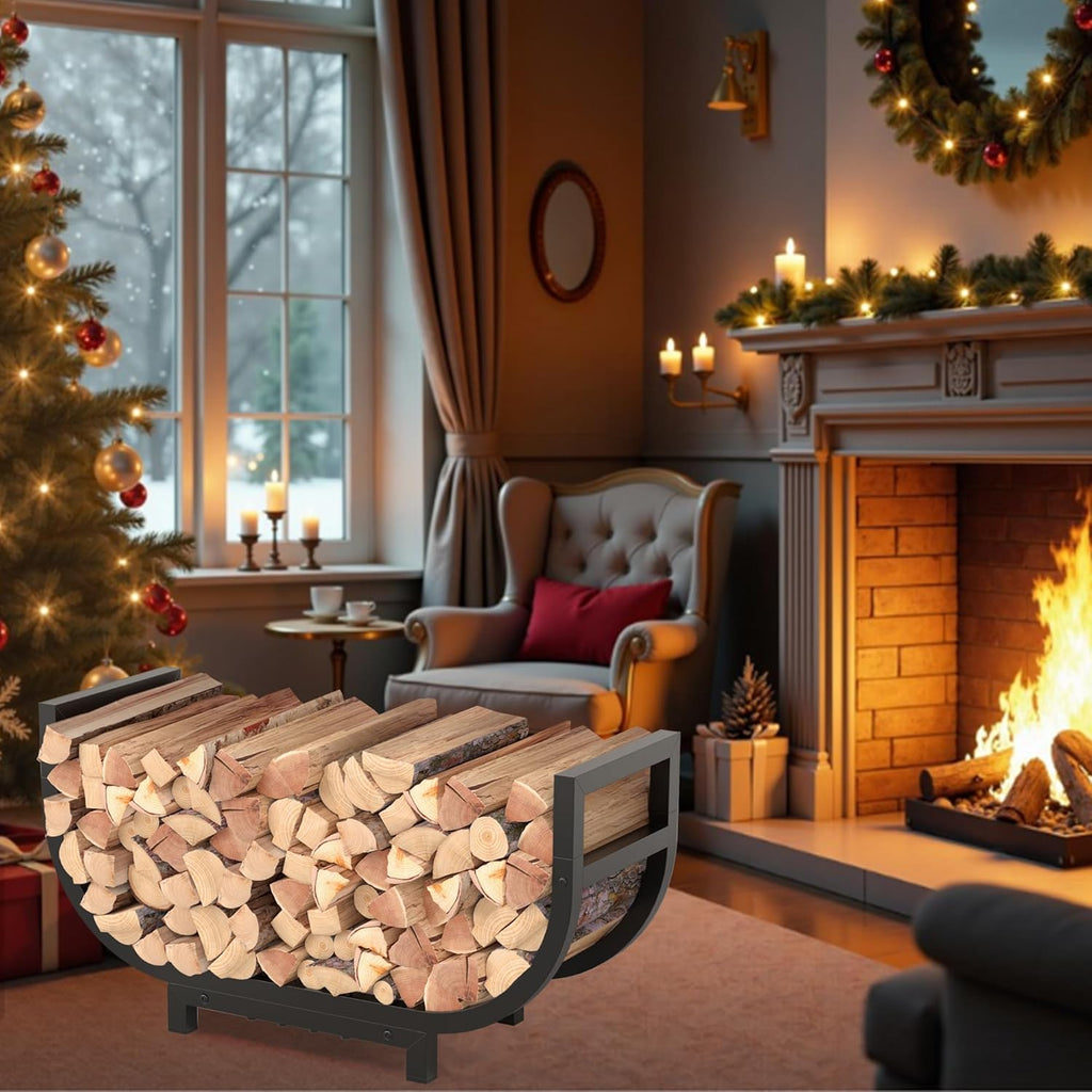 30-inch Firewood Rack Outdoor Indoor with Log Carrier Bag, Stable Log Holder Rustproof Metal Wood Rack for Fireplace Patio Deck Firepit, Heavy Duty Firewood Storage Organizer Tool, Black