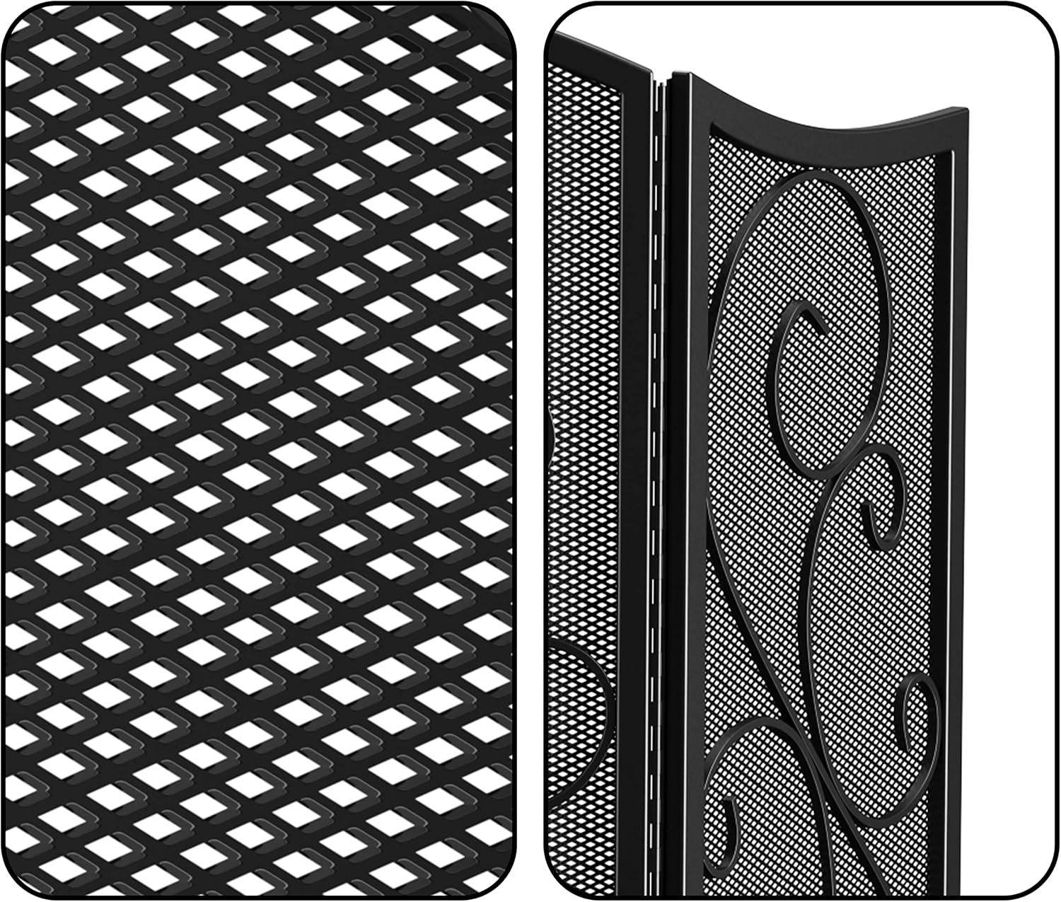 Fire Beauty Fireplace Screen 3 Panel Wrought Iron Metal 48"(L) x30(H) Spark Guard Cover(Black)