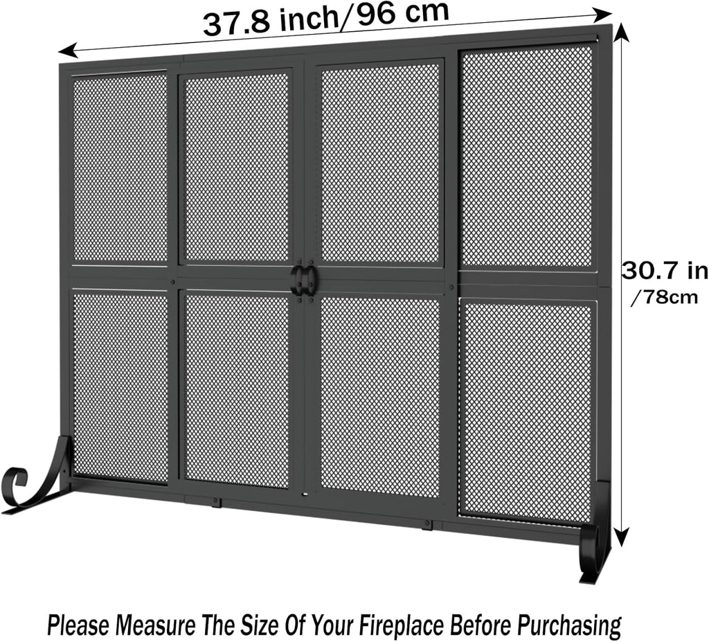 Fireplace Screen with Sliding Doors, 37.8" W x 30.7" H Handcrafted Wrought Iron Fire Spark Guard Fire Place Gate Protector for Living Room, Children and Pet Safety(Large)