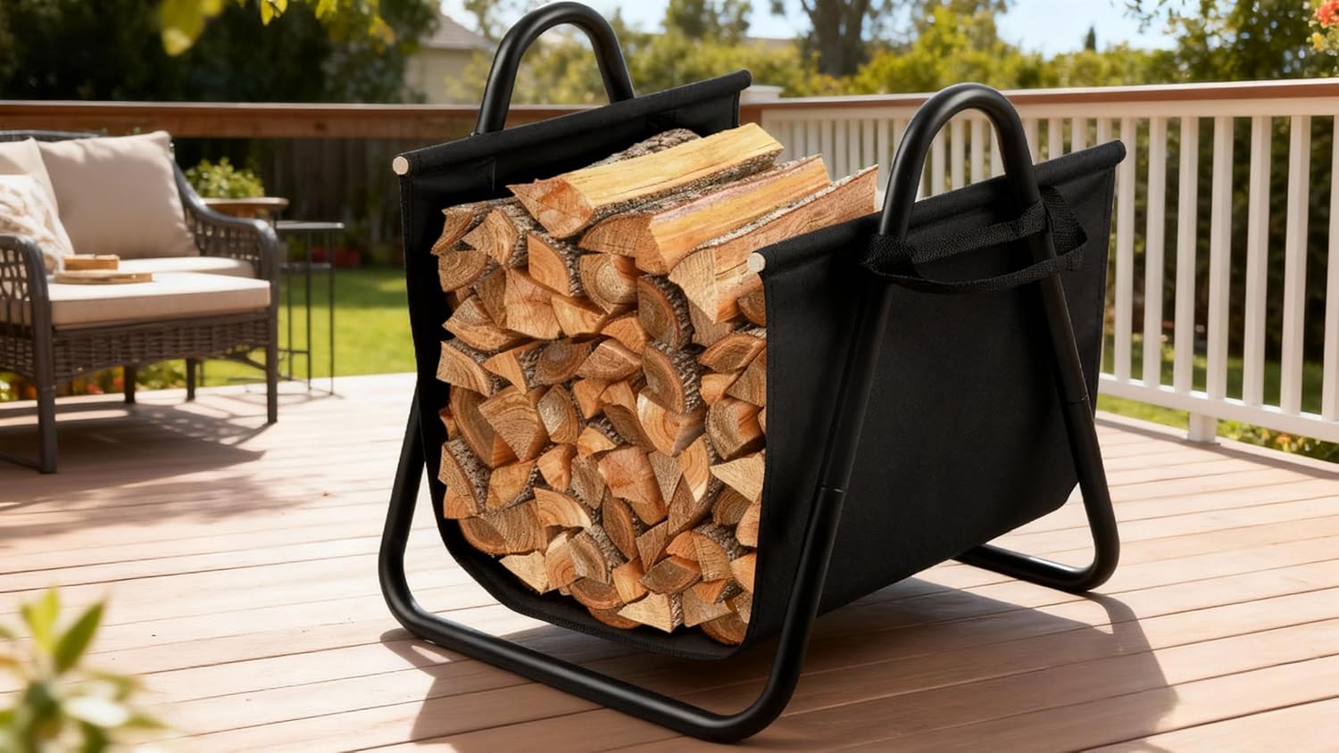 AMAGABELI GARDEN & HOME Fireplace Log Holder with Canvas Firewood Rack Indoor Tote Carrier Metal Wood Rack Black Firewood Holders Storage Heavy Duty Logs Stacker Basket with Handles Kindling