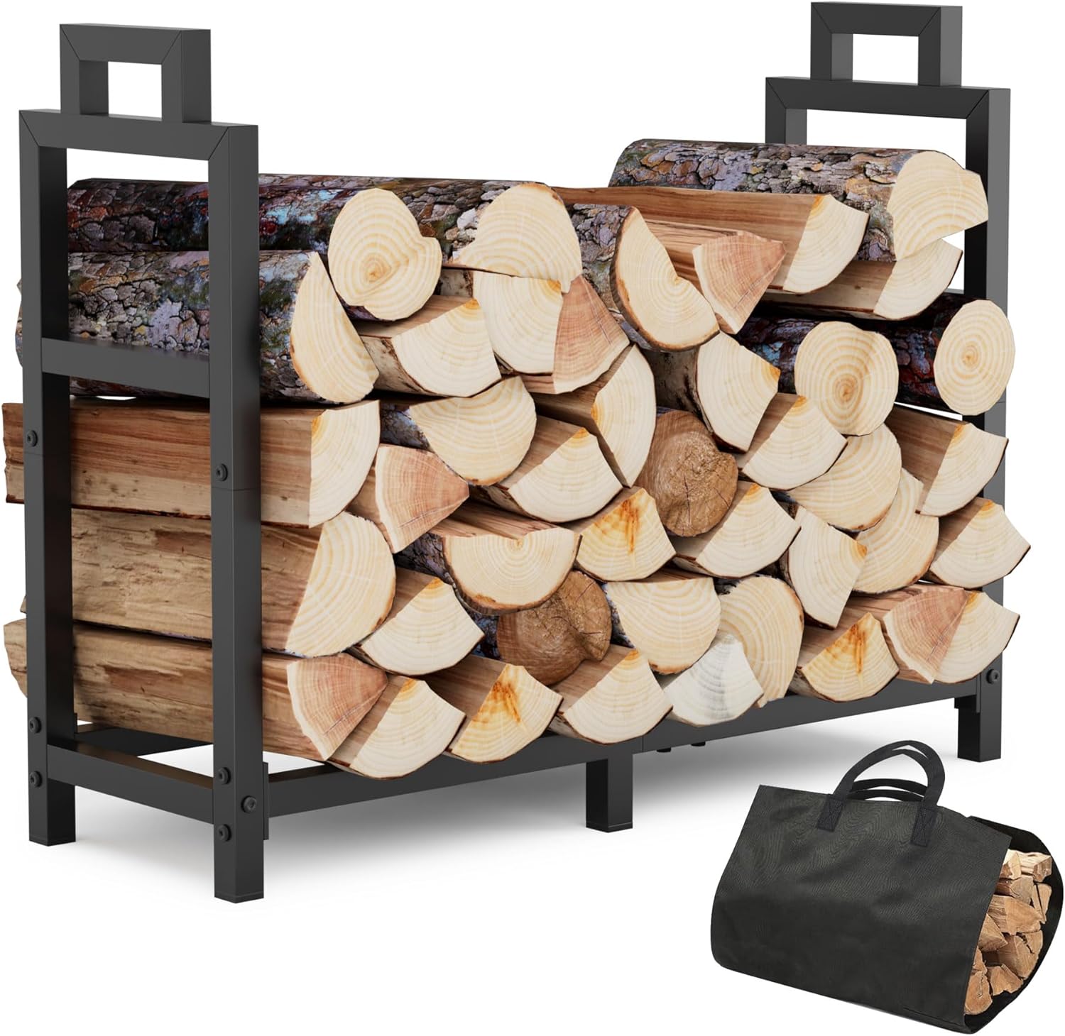 30 Inch Firewood Rack Outdoor Indoor with Handle and Log Carrier Bag, Stable Metal Wood Rack Heavy Duty Log Holder for Fireplace Patio Deck, Rustproof Firewood Storage Organizer Tool, Black