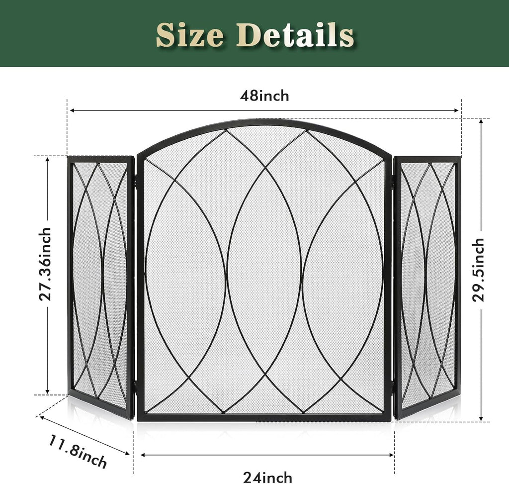 FEED GARDEN 3 Panel Fireplace Screen 48" W x 29.5" H Modern Foldable with Wrought Metal Decorative Mesh,Arch Heavy Duty Fire Spark Guard Cover for Home Decor Indoor, Black