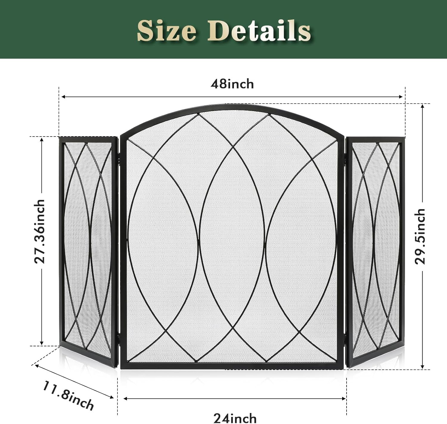 FEED GARDEN 3 Panel Fireplace Screen 48" W x 29.5" H Modern Foldable with Wrought Metal Decorative Mesh,Arch Heavy Duty Fire Spark Guard Cover for Home Decor Indoor, Black